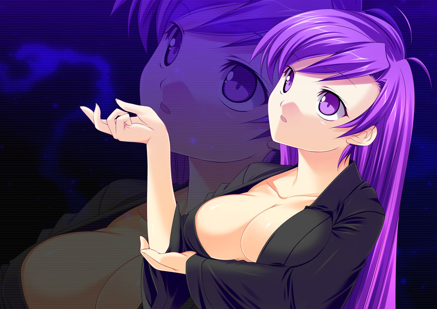 breast_hold cleavage kinoshita_ichi no_bra open_shirt purple_hair