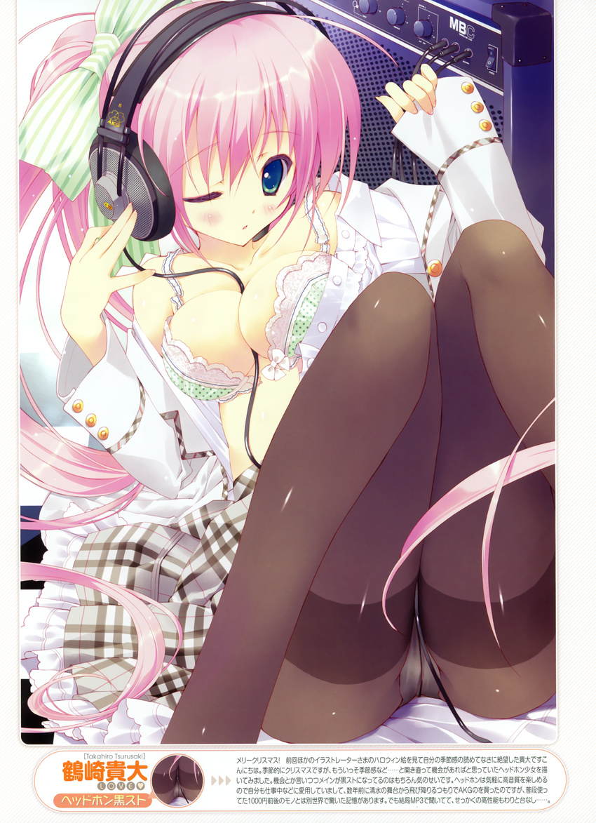 absurdres akg amplifier between_breasts blue_eyes bra breasts cleavage commentary_request headphones highres lingerie medium_breasts one_eye_closed open_clothes open_shirt original panties panties_under_pantyhose pantyhose pink_hair shirt solo thighband_pantyhose translation_request tsurusaki_takahiro underwear