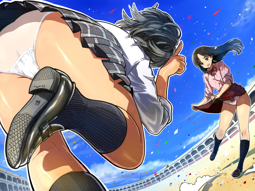 arena ass black_hair blue_sky bullfighting confetti day dutch_angle foreshortening from_behind leaning_forward long_hair multiple_girls original outdoors panties pantyshot playing school_uniform shiny shiny_skin shoes short_hair skirt skirt_lift sky sleeves_rolled_up twinpoo underwear