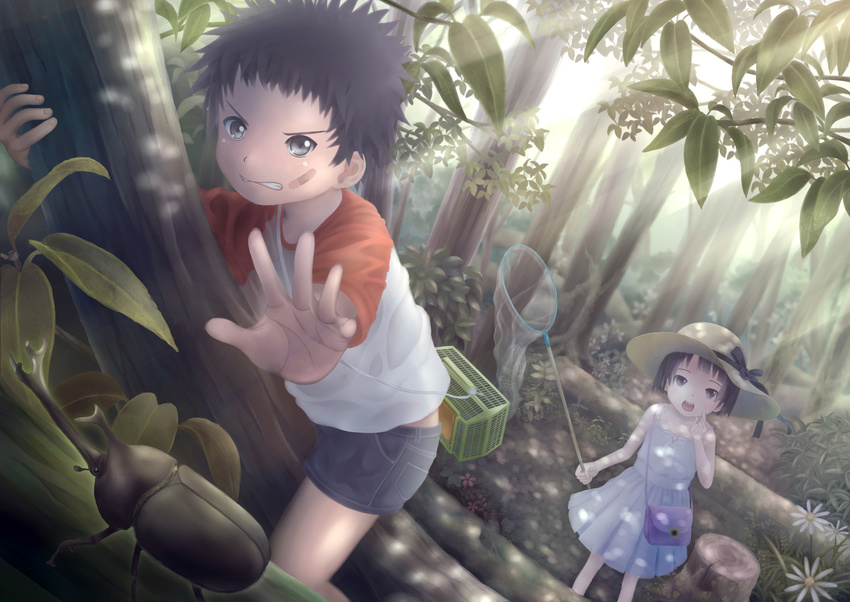 1girl bad_id bad_pixiv_id bag bandages beetle black_hair bug cage clenched_teeth dress flower grey_eyes hand_net hat highres insect leaf open_mouth original outstretched_arm outstretched_hand scenery short_hair shorts strap taka_(tsmix) tears teeth tree tree_stump