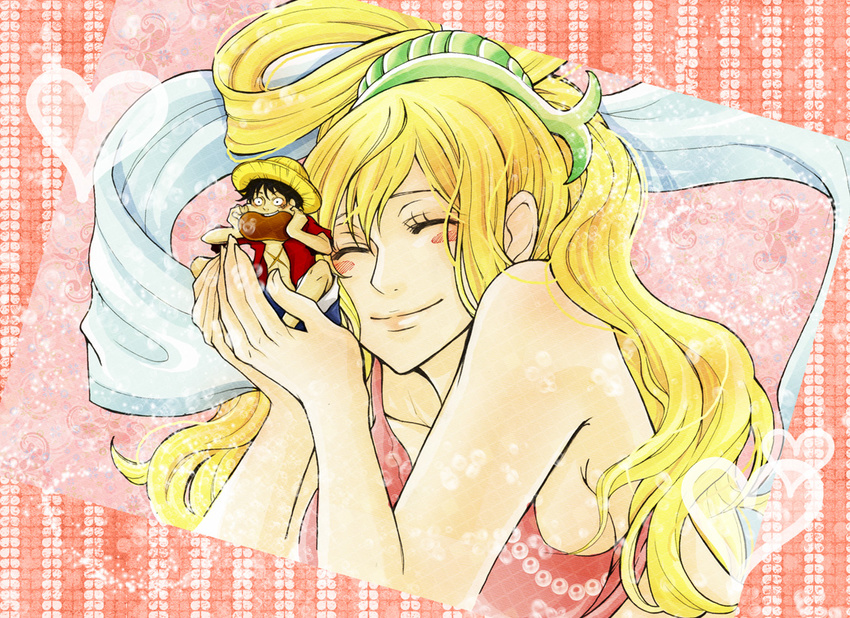 1girl blonde_hair blush closed_eyes giantess hat heart hizuki_minato long_hair monkey_d_luffy one_piece scar shirahoshi smile straw_hat