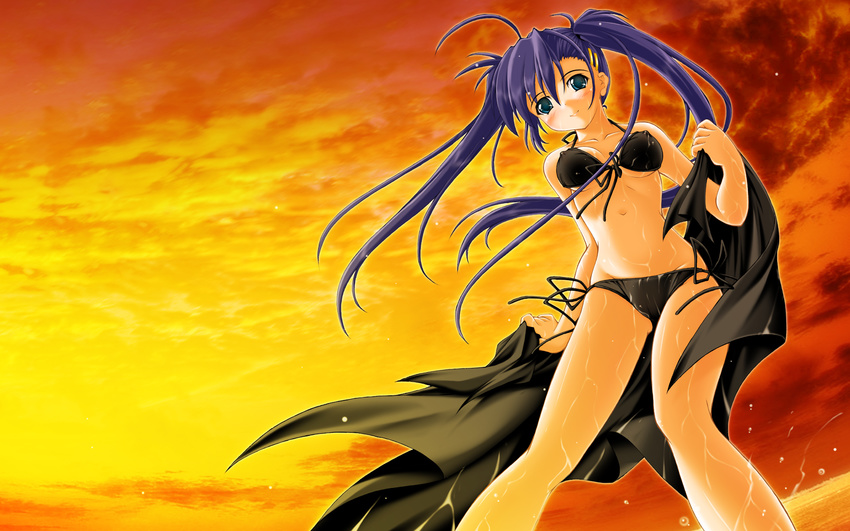 akimoto_dai bikini blue_eyes breasts covered_nipples highres long_hair original purple_hair see-through side-tie_bikini small_breasts solo sunset swimsuit twintails wallpaper wet