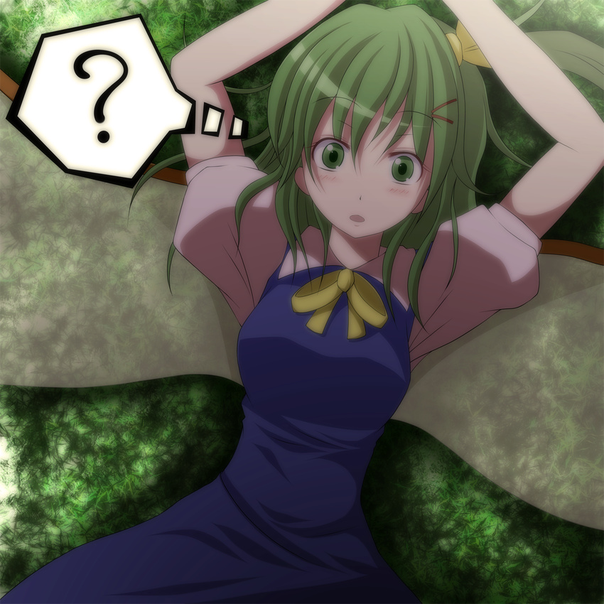 ? bad_id bad_pixiv_id blush daiyousei dress fairy fairy_wings green_eyes green_hair highres open_mouth s-syogo short_hair side_ponytail solo touhou wings