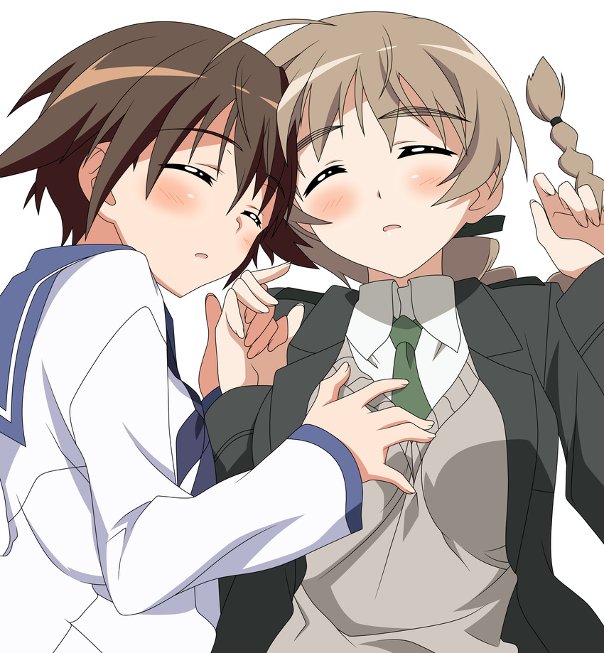 2girls absurdres breast_grab breasts grabbing hand_holding highres holding_hands lynette_bishop miyafuji_yoshika multiple_girls sleeping strike_witches vector_trace