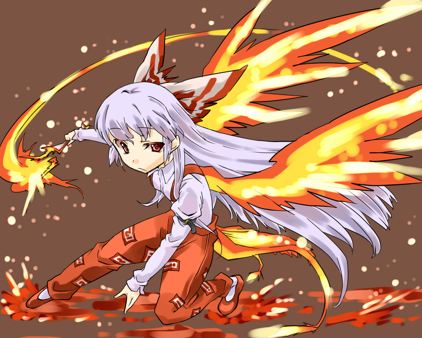 akagashi_hagane bad_id bad_pixiv_id fiery_wings fire fujiwara_no_mokou one_knee solo touhou wings