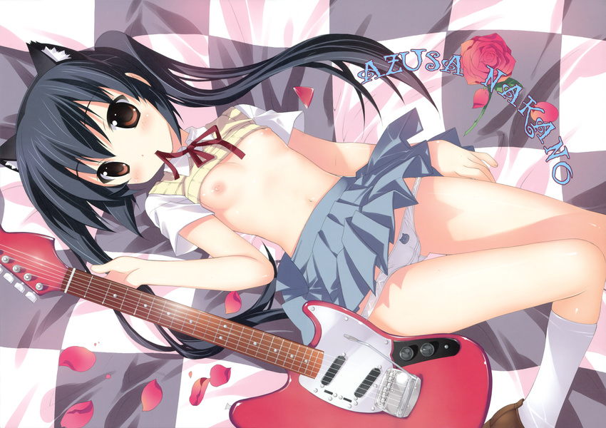 absurdres animal_ears black_hair blush brown_eyes cameltoe cat_ears flat_chest flower fujima_takuya guitar highres instrument k-on! kneehighs long_hair lying mouth_hold nakano_azusa navel no_bra panties pantyshot pantyshot_(lying) petals pleated_skirt ribbon scan school_uniform shirt_lift skirt socks solo sweater sweater_vest twintails underwear undressing upskirt vest white_panties