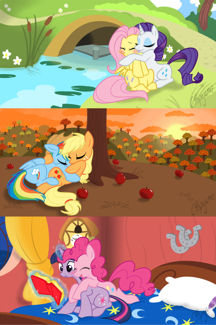 apple apple_tree applejack_(mlp) bed blonde_hair blue_fur blush book bridge c4tspajamas cloud comic cowboy_hat cuddling cute cutie_mark equine eyes_closed female feral flower fluttershy_(mlp) freckles friendship_is_magic frostbackcat fruit fur glomp glowing grass hair hat horn horse hug kissing kissing_cheek lesbian levitation lilypad magic mammal multi-colored_hair my_little_pony orange_fur orchard outside pegasus pier pillow pink_fur pink_hair pinkie_pie_(mlp) pond pony purple_eyes purple_fur purple_hair rainbow_dash_(mlp) rainbow_hair rarity_(mlp) reading seaside shipping sky sleeping stream tree trying_to_read twilight_sparkle_(mlp) two_tone_hair unicorn white_fur wings wood yellow_fur