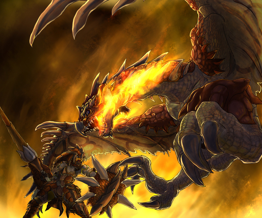 armor bad_id bad_pixiv_id battle blue_eyes dragon duel fang fire full_armor gauntlets gloves hatomune6 helmet highres lance monster monster_hunter open_mouth polearm rathalos rathalos_(armor) shield weapon wyvern