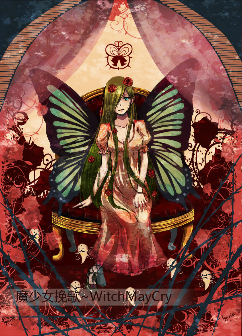 breasts butterfly chair cleavage dress english flower gertrud_(madoka_magica) green_eyes green_hair hair_over_one_eye highres long_hair mahou_shoujo_madoka_magica personification rose sitting sola7764 tears very_long_hair wings