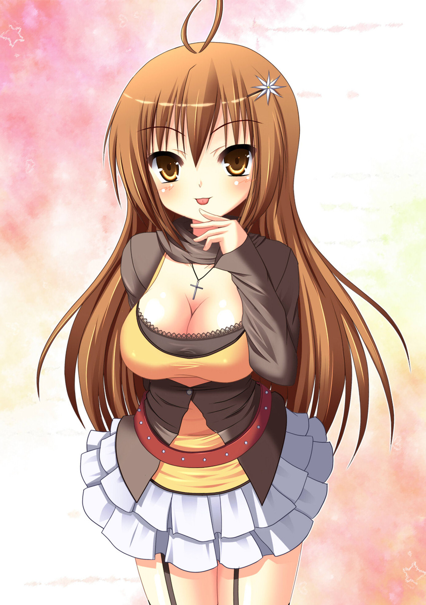 :p breasts brown_eyes brown_hair cleavage copyright_request dress garter_straps hair_ornament hairpin highres jewelry large_breasts necklace nyarumi solo tongue tongue_out
