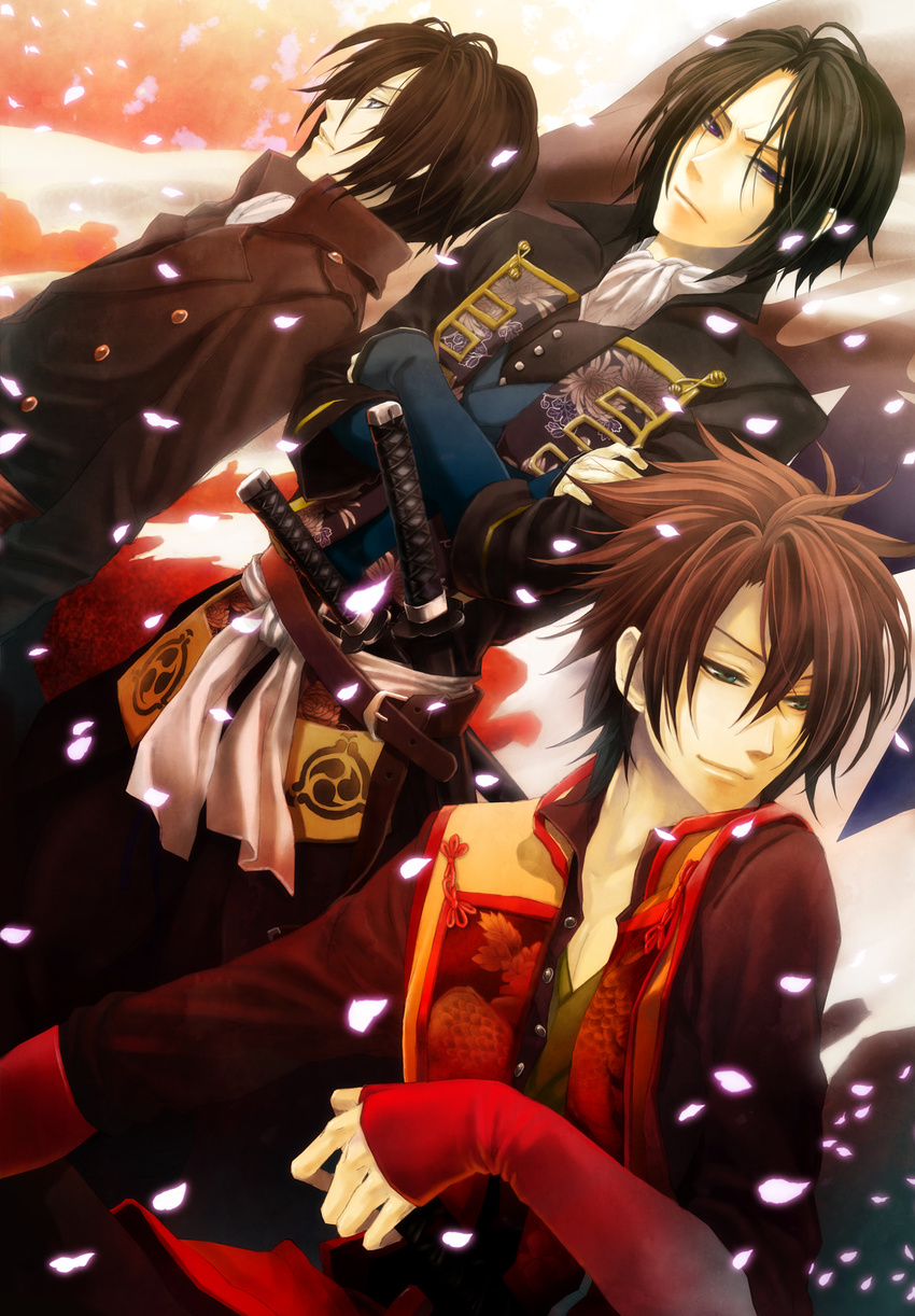 brown_hair crossed_arms dutch_angle hakuouki_shinsengumi_kitan highres hijikata_toshizou_(hakuouki) machi555 male_focus mitsudomoe_(shape) multiple_boys okita_souji_(hakuouki) petals saitou_hajime_(hakuouki) sword tomoe_(symbol) weapon