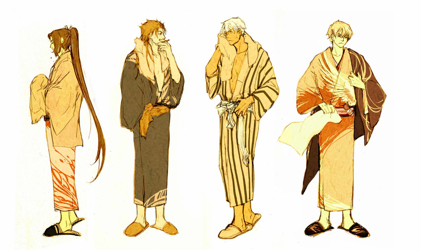 archer assassin_(fate/stay_night) bathrobe blonde_hair cigarette crimo dark_skin dark_skinned_male earrings fate/stay_night fate_(series) gilgamesh japanese_clothes jewelry lancer male_focus monochrome multiple_boys muted_color ponytail slippers striped towel vertical_stripes