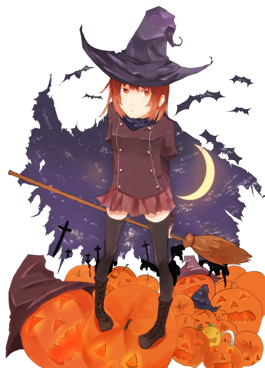 black_thighhighs boots broom brown_eyes brown_hair halloween hat jack-o'-lantern pumpkin skirt tagme thighhighs witch_hat