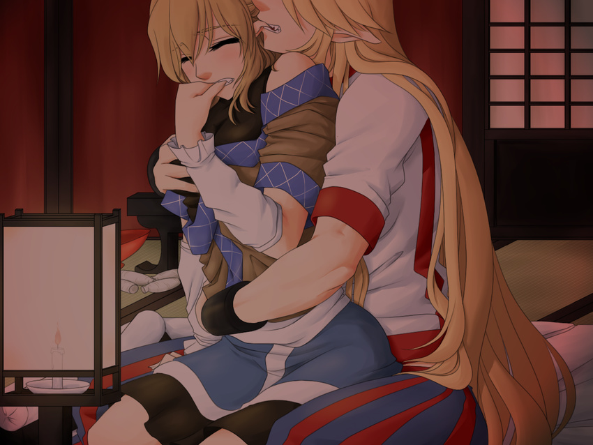 arm_warmers biting blonde_hair closed_eyes ear_biting eargasm head_out_of_frame hoshiguma_yuugi hug indoors long_hair mizuhashi_parsee multiple_girls neko_majin pointy_ears short_hair teeth touhou very_long_hair yuri