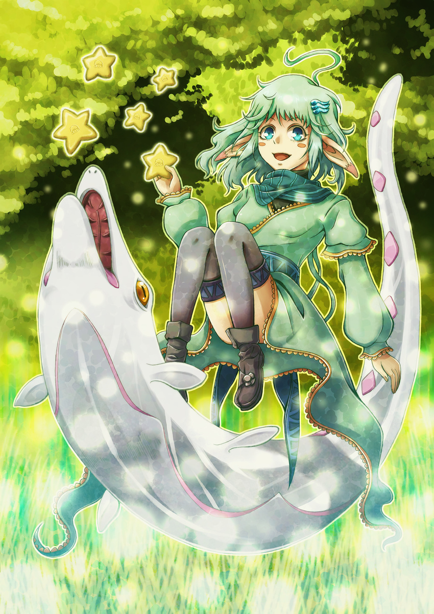 aqua_eyes bad_id bad_pixiv_id black_legwear blush blush_stickers elf fish green_hair hair_ornament highres open_mouth original pointy_ears shigarami_kyouma short_hair skirt smile solo star thighhighs