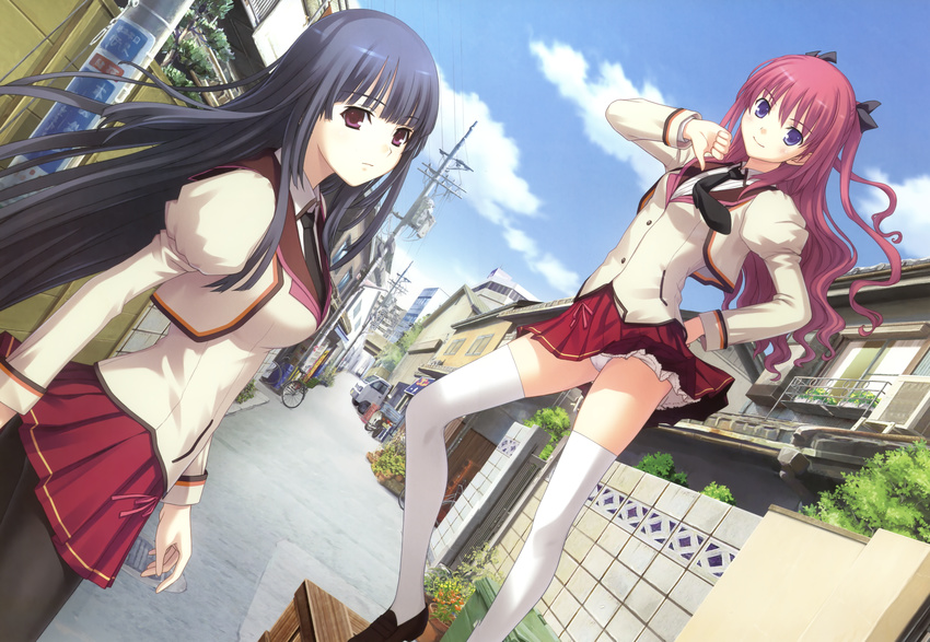 bitter_smile. black_hair blue_eyes gap giga marui pantsu pantyhose purple_eyes red_hair school_uniform thighhighs