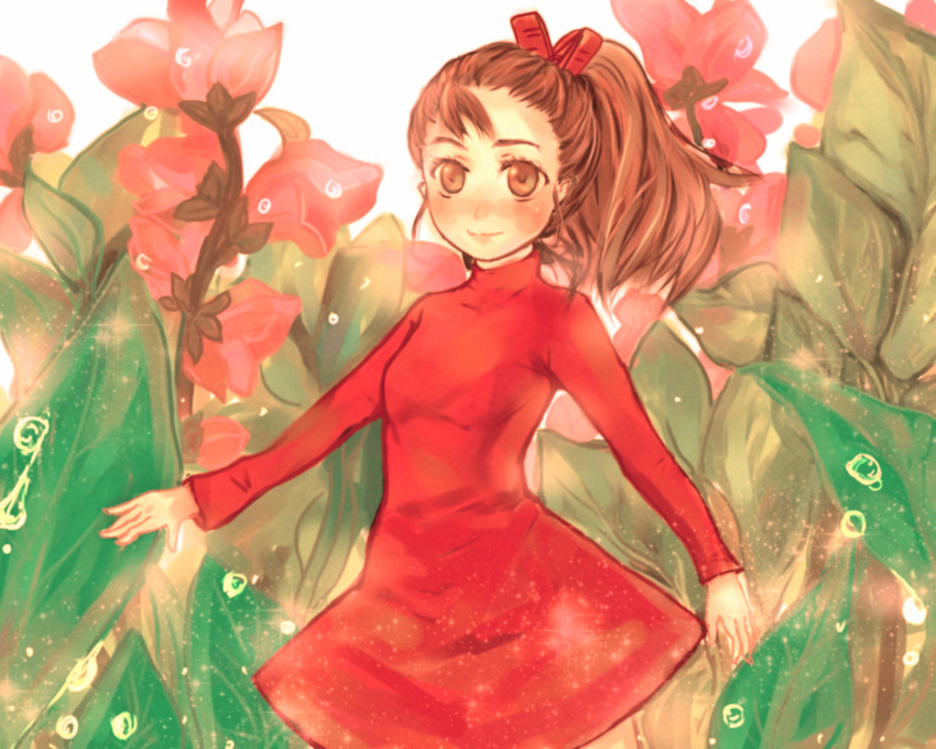 arrietty blush brown_eyes brown_hair closed_mouth cowboy_shot dress flower hair_ribbon karigurashi_no_arrietty long_sleeves looking_at_viewer mikamisa ponytail red_dress red_ribbon ribbon short_hair simple_background smile solo white_background