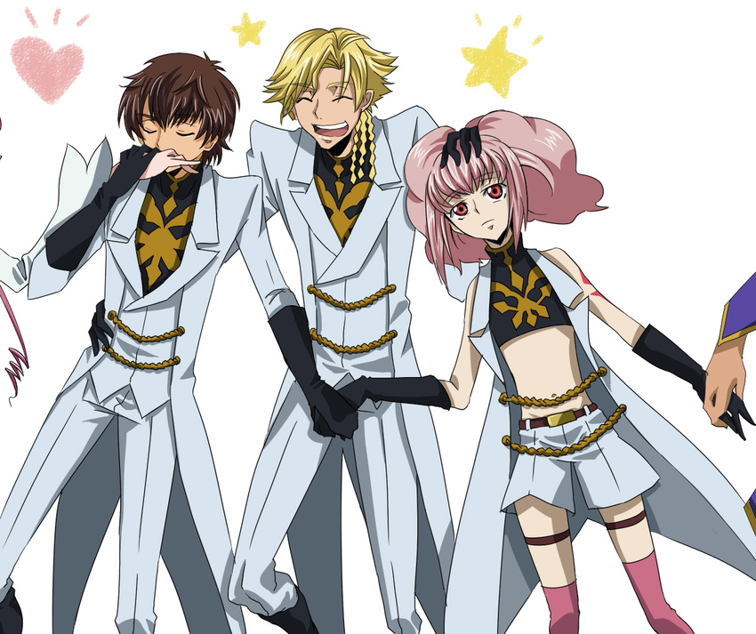 2boys :d ^_^ ^o^ anya_alstreim bad_id bad_pixiv_id belt blonde_hair bracelet brown_hair closed_eyes code_geass furekuru_(freckle) gino_weinberg heart jewelry knights_of_the_round_uniform kururugi_suzaku long_sleeves midriff multiple_boys navel open_mouth pants pink_eyes pink_hair pink_legwear short_hair smile standing stomach thigh_strap thighhighs