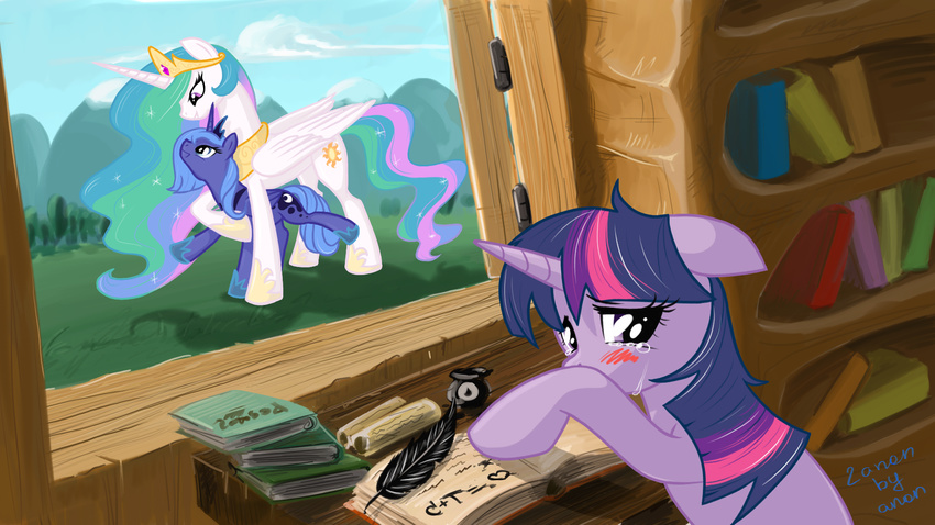 book castle cutie_mark equine feather female feral fiarel friendship_is_magic group hair happy horn horse jealous long_hair luna mammal multi-colored_hair my_little_pony not_invited pegacorn pony princess princess_celestia_(mlp) princess_luna_(mlp) reunion royalty sad sibling siblings sisters sun tears tiara twilight_sparkle_(mlp) unicorn wallpaper widescreen window winged_unicorn wings