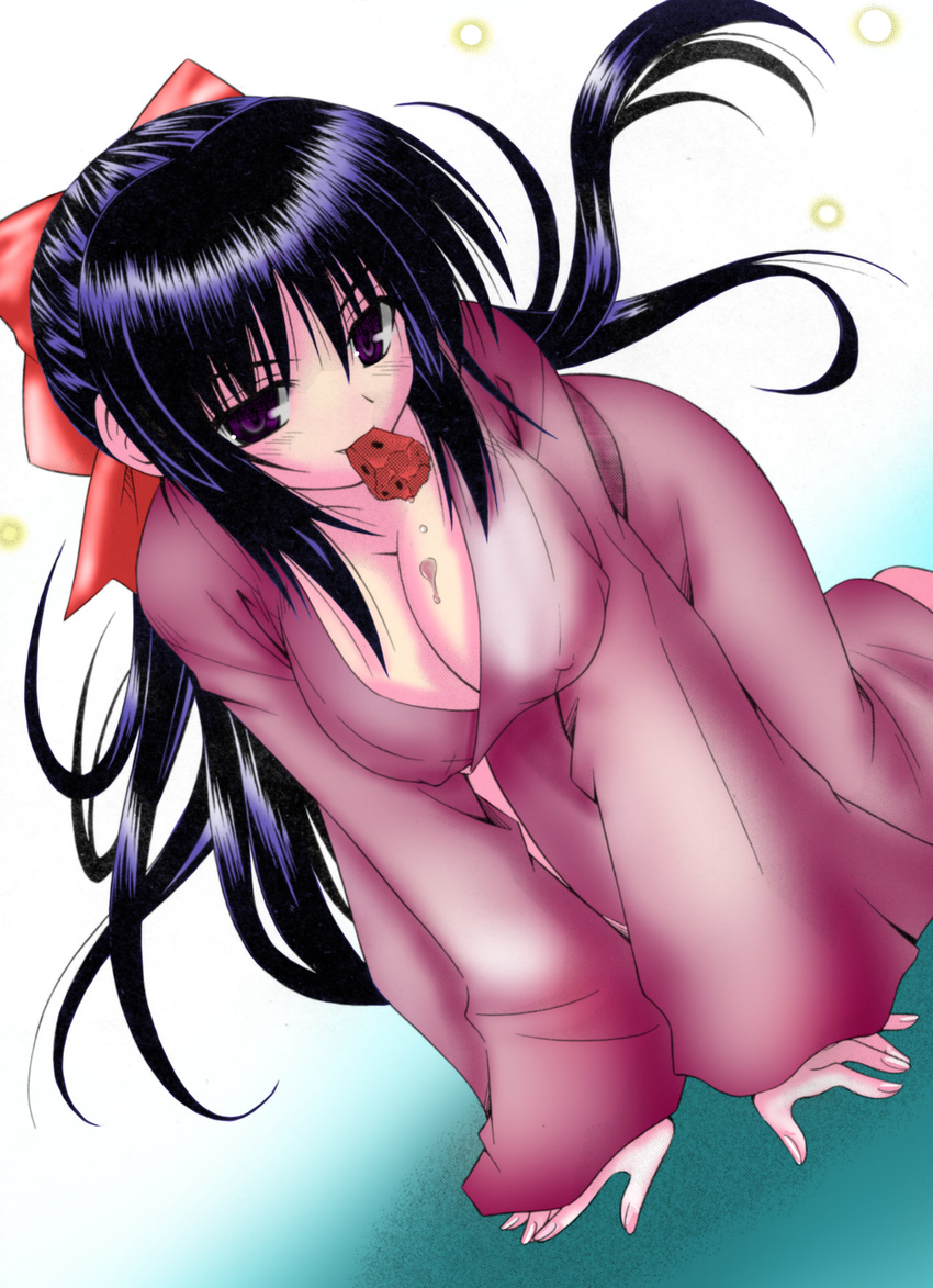 all_fours black_hair bow breasts cleavage covered_nipples hair_bow highres japanese_clothes kimono large_breasts long_hair matra_milan mouth_hold naughty_face noihara_himari official_art omamori_himari ponytail purple_eyes seductive_smile smile solo very_long_hair