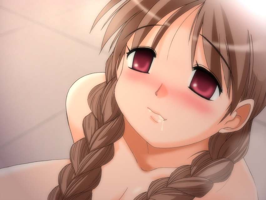 after_sex blush braid breasts brown_hair close-up cum_in_mouth face facial large_breasts nude oppai red_eyes semen twin_braids
