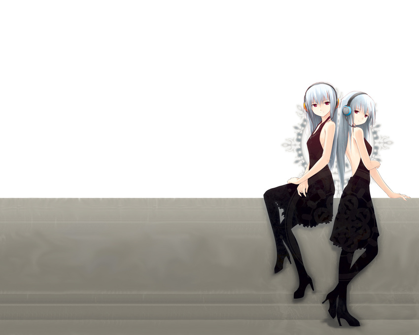 back bare_shoulders black_dress dasoku_sentarou dress headphones high_heels long_hair original red_eyes siblings sisters tagme twins white_hair