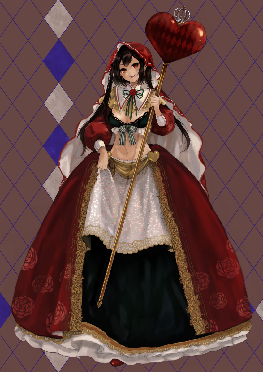 alice_in_wonderland black_hair bow breasts checkered cleavage crown dress earrings flower frills front-tie_top heart highres jewelry large_breasts lipstick long_hair makeup midriff navel open_mouth pisuke queen queen_of_hearts red_eyes rose scepter smile solo standing twintails veil