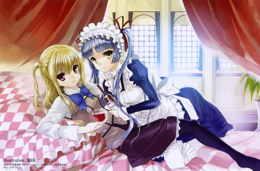 alcohol bed blonde blue_hair maid maria_holic pink_eyes school_girl tagme trap wine yellow_eyes