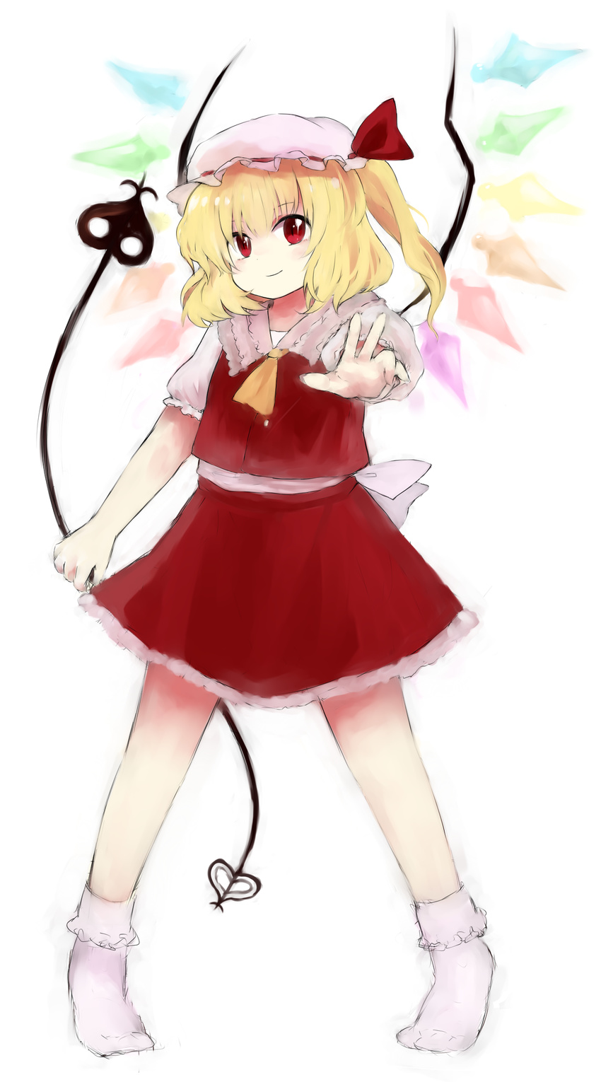 absurdres ascot bad_id bad_pixiv_id blonde_hair bobby_socks flandre_scarlet hat highres laevatein mika_(moc828) official_style oota_jun'ya_(style) parody red_eyes short_hair side_ponytail smile socks solo standing style_parody touhou weapon white_legwear wings