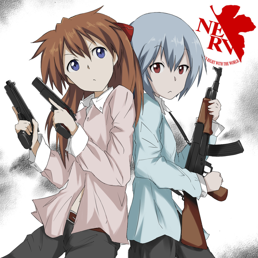 ak-47 assault_rifle ayanami_rei back-to-back blue_eyes blue_hair brown_hair casual dual_wielding gun handgun highres holding holding_gun holding_weapon long_hair multiple_girls neon_genesis_evangelion nerv red_eyes rifle shikinami_asuka_langley short_hair souryuu_asuka_langley trigger_discipline weapon xenon_(kona-card)