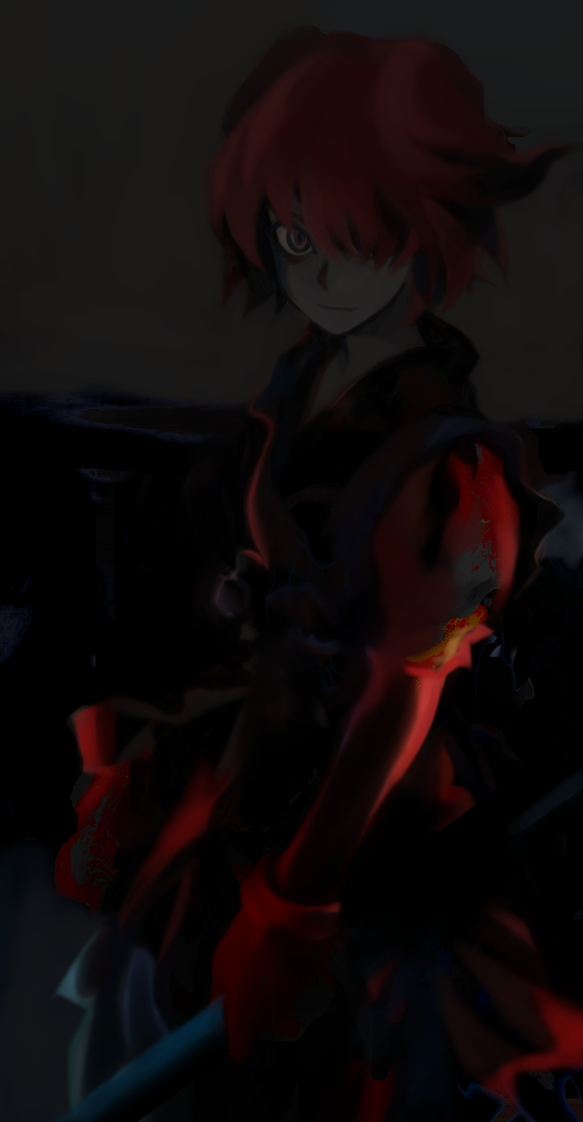 absurdres commentary_request cowboy_shot dark from_side futon_(kitsune_tsuki) gloves hair_over_one_eye highres holding holding_weapon limited_palette looking_at_viewer onozuka_komachi outdoors red_hair scythe short_hair short_sleeves solo touhou two_side_up weapon