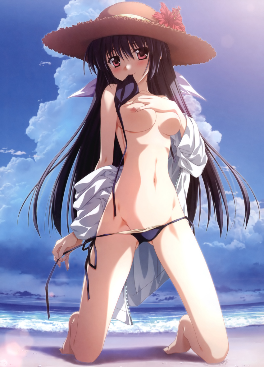 absurdres amamiya_yuuko ass_visible_through_thighs barefoot beach bikini bikini_in_mouth black_hair blush breast_suppress breasts clothes_down cloud day ef flower full_body hat hat_flower hibiscus highres jacket kneeling lens_flare long_hair looking_at_viewer medium_breasts mouth_hold nanao_naru navel nipples ocean official_art open_clothes open_shirt outdoors red_eyes sand scan shirt side-tie_bikini sky smile solo straw_hat sun_hat swimsuit topless undressing untying water