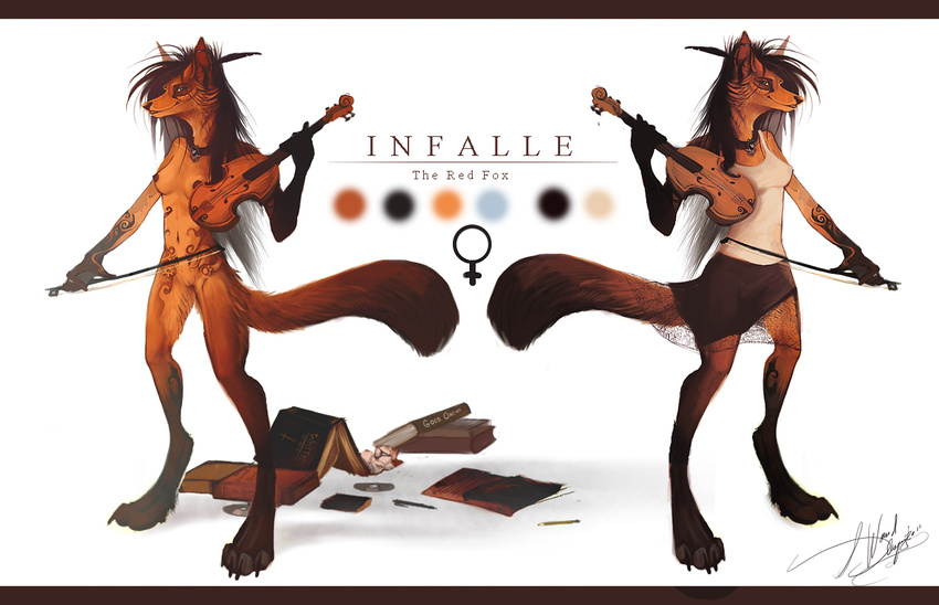 &#9792; ? color_swatch coyox female fox infalle_(character) mammal markings model_sheet musical_instrument nude plain_background pussy realistic solo spiral standing violin white_background