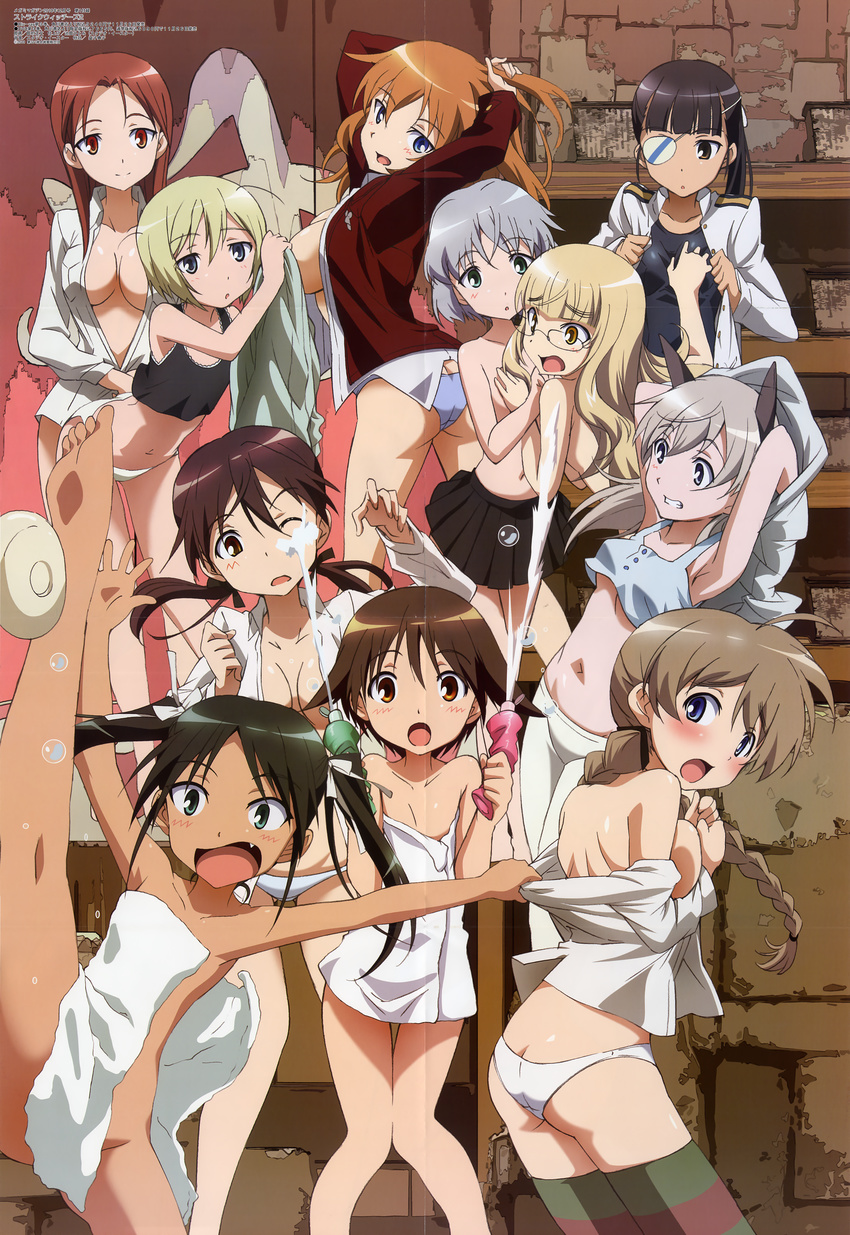 agahari black_hair blonde blue_eyes blush breasts brown_eyes brown_hair charlotte_e_yeager cleavage covering_breasts eila_ilmatar_juutilainen erica_hartmann everyone eyepatch eyes_closed francesca_lucchini gertrud_barkhorn green_eyes hand_on_head hug kemonomimi kitsunemimi large_breasts long_hair lynette_bishop megane military military_uniform minna-dietlinde_wilcke mio_sakamoto miyafuji_yoshika mizugi multicolored_hair multiple_girls necktie nekomimi open_mouth oppai oshiri pantsu panty_pull pantyhose perrine_h_clostermann ponytail red_hair sanya_v_litvyak school_uniform short_hair silver_hair smile strike_witches sukumizu swimsuit_under_clothes tagme tail thumbs_up towel uniform white_pantyhose