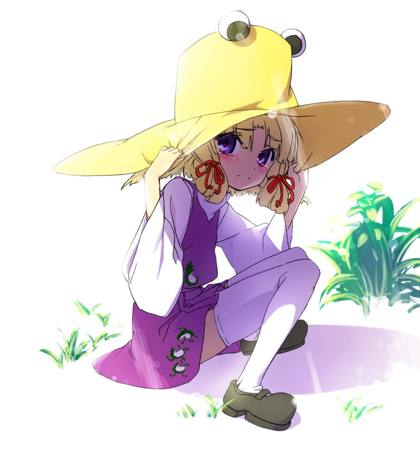 blonde_hair blush hat hat_tug highres mary_janes moriya_suwako oyadi shoes sitting solo tears thighhighs touhou