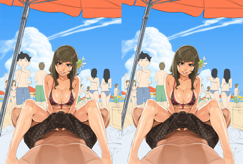 beach bikini breasts brown_eyes brown_hair bulge cleavage clothed_erection cum flower front-tie_top girl_on_top hair_ornament handjob happy_sex hidden_handjob highres huge_breasts lips long_hair mama_(artist) outdoors penis pov public sex shaved_ice smile sneaky sperm spread_legs stealth_sex stereogram swimsuit tan tanline two-handed_handjob undersized_clothes