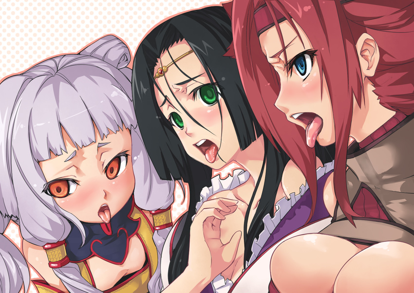 ahegao black_hair blue_eyes blush breasts cleavage code_geass empty_eyes green_eyes headband hijiri kallen_stadtfeld large_breasts long_hair multiple_girls open_mouth orange_eyes purple_hair red_hair short_hair sumeragi_kaguya tianzi