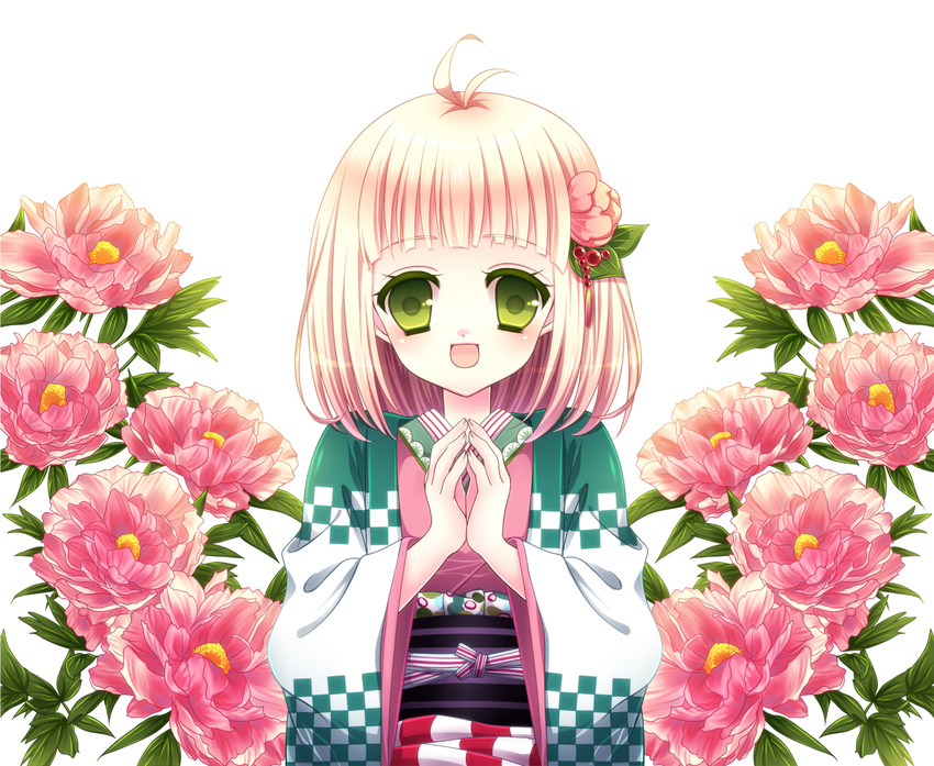 ahoge ao_no_exorcist blonde_hair blush flower green_eyes hair_flower hair_ornament hands_together japanese_clothes kimono momomiya_mion moriyama_shiemi open_mouth own_hands_together short_hair smile solo