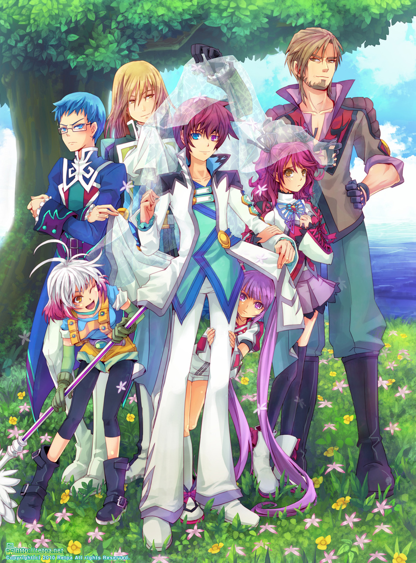 4boys :d asbel_lhant beard black_legwear blonde_hair blue_eyes blue_hair blue_shirt boots brooch brown_eyes brown_hair bug butterfly cheria_barnes coat crossed_arms elbow_gloves facial_hair flower frown full_body glasses gloves grass hand_on_hip happy heterochromia highres hubert_ozwell insect jewelry kneehighs leaf long_hair malik_caesars messy_hair multicolored_hair multiple_boys multiple_girls ocean one_eye_closed open_mouth pants pascal pink_hair purple_eyes purple_hair purple_skirt red_hair retpa richard_(tales) shirt short_hair short_twintails shorts skirt smile sophie_(tales) tales_of_(series) tales_of_graces thighhighs tree twintails two-tone_hair veil white_hair white_legwear yellow_eyes