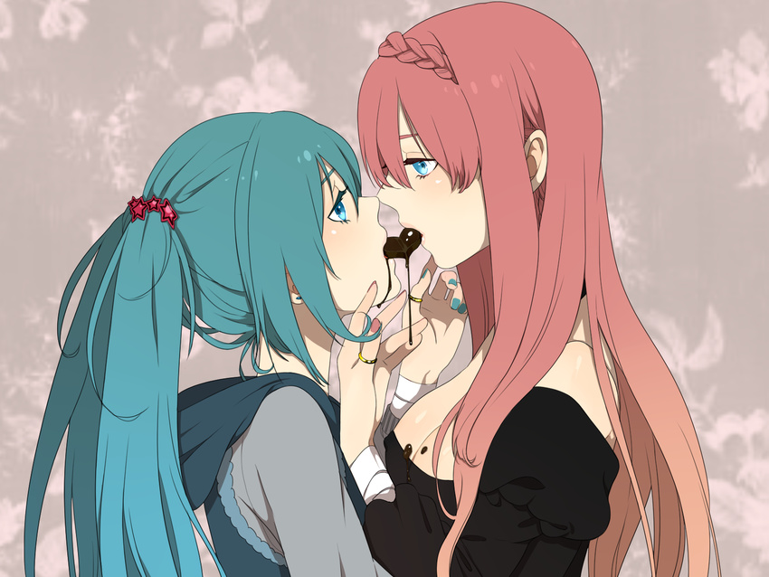 blue_eyes breasts chocolate covered_nipples green_hair hatsune_miku highres hood kurono_yuu long_hair medium_breasts megurine_luka multiple_girls nail_polish pink_hair shared_food vocaloid yuri