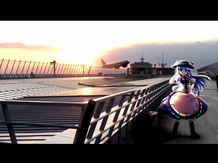 aircraft airplane airport blue_hair boots chubu_centrair_international_airport contemporary food fruit hand_in_hair hand_on_hip hat highres hinanawi_tenshi letterboxed long_hair photo_background red_eyes scenery solar_panel solo sunset touhou tsubasa_(abchipika)
