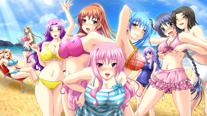 6+girls 9girls aqua_hair ass beach bikini black_hair blonde_hair blue_eyes blush breasts brown_hair cleavage dress erect_nipples game_cg green_eyes harem huge_breasts kyonyuu_torai_!_tankishuuchuu_chichi_momi_ressun long_hair midriff multiple_girls nude open_mouth pink_hair purple_eyes purple_hair pussy red_eyes short_hair skirt smile swimsuit