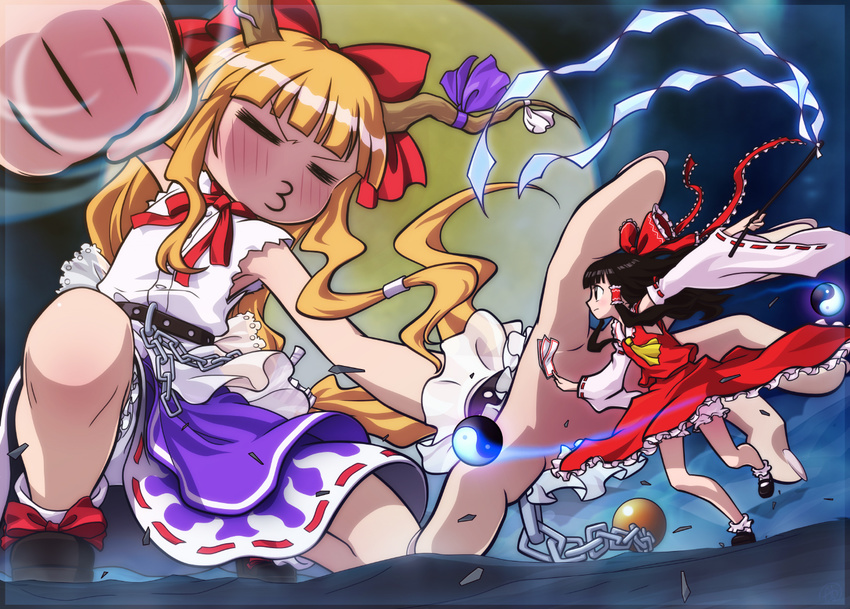 2girls ah-negitorow armpits ascot battle belt black_hair bloomers blush bow chain clenched_hand closed_eyes detached_sleeves duel giantess gohei hair_bow hair_tubes hakurei_reimu horn_ribbon horns ibuki_suika kneeling long_hair multiple_girls ofuda orange_hair ribbon shide skirt sleeveless touhou underwear yin_yang