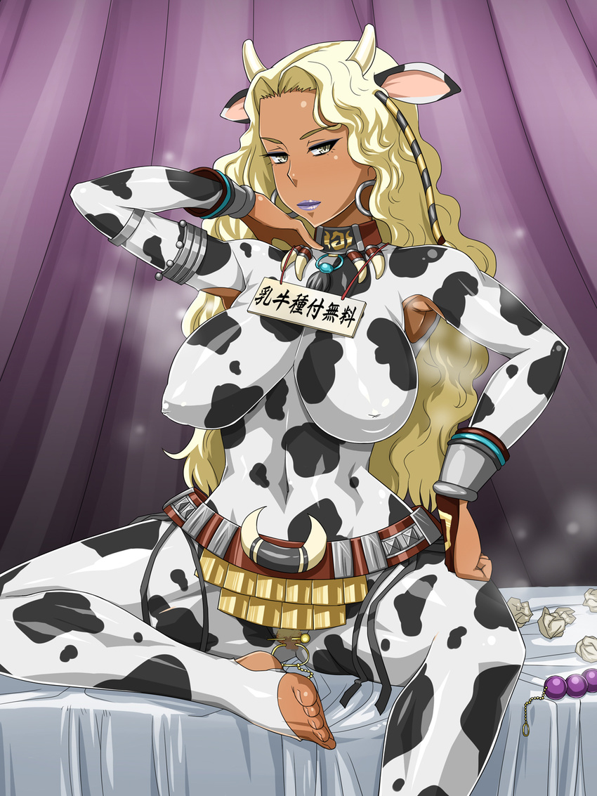 adjusting_hair animal_ears armpits arms_up beads belt blonde_hair breasts clit_piercing clitoris_piercing cow_ears cow_girl cow_print dark_skin enoshima_iki feet female highres horns large_breasts lipstick long_hair looking_at_viewer makeup nipples odor piercing purple_lips sitting smell solo source_request tissue tissues toes translated translation_request