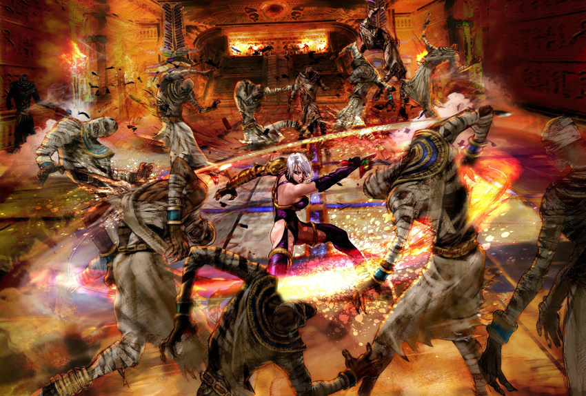 absurdres armor battle bodysuit breasts cleavage egypt egyptian elbow_gloves gauntlets gloves group_battle hair_over_one_eye highres isabella_valentine kawano_takuji large_breasts legs lipstick makeup mummy official_art purple_lipstick short_hair soulcalibur sword teeth thighs weapon whip_sword whipping white_hair