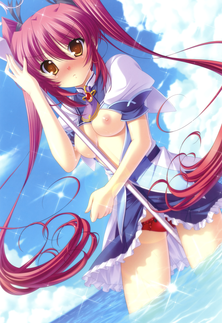 absurdres blush breasts breasts_outside cleavage cloud day full-face_blush highres huge_filesize lens_flare long_hair looking_at_viewer mercuria mitsumomo_mamu nipples panties red_hair sky small_breasts solo sparkle takamori_himiko twintails underwear very_long_hair wading water yellow_eyes