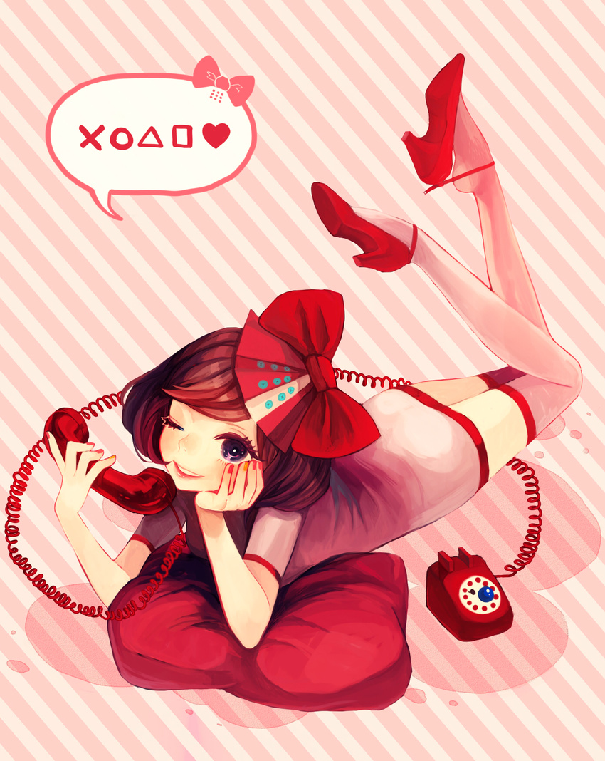 bad_id bad_pixiv_id copyright_request czc_(deko) hair_ribbon heart high_heels highres legs_up nail_polish one_eye_closed phone pillow purple_eyes ribbon rotary_phone shoe_dangle shoes short_hair solo spoken_heart striped striped_background thighhighs