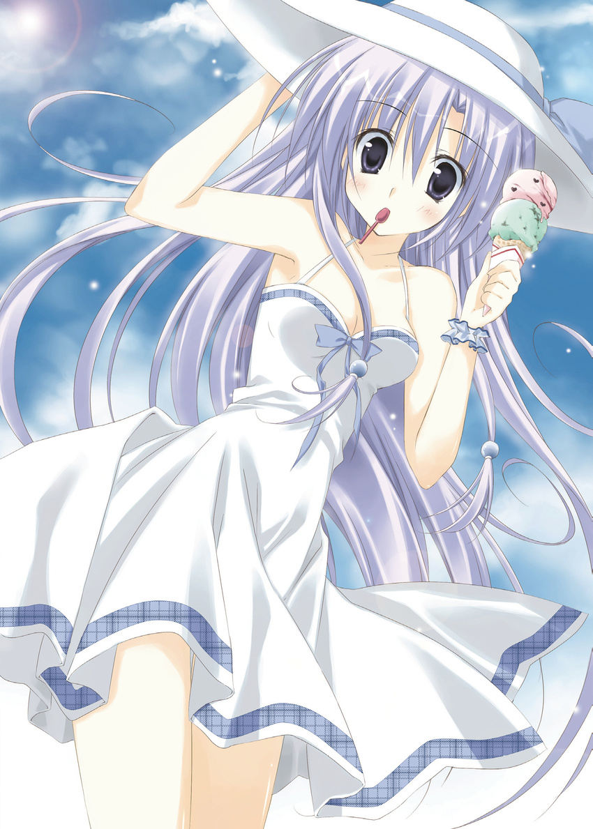 breasts casual cleavage copyright_request dress food hat highres ice_cream ice_cream_cone korie_riko legs long_hair medium_breasts mouth_hold purple_eyes purple_hair sky solo spoon sundress