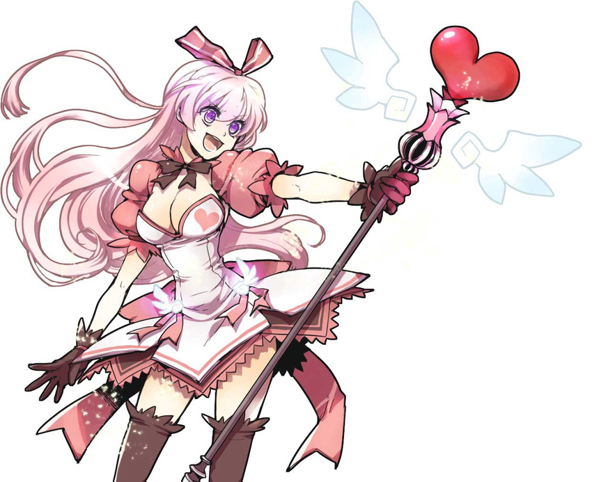 aisha_(elsword) alternate_hair_color back_bow bad_id bad_pixiv_id black_legwear bow breasts dress elsword gloves hair_ribbon happy heart holding holding_wand large_breasts limble long_hair pink_bow pink_hair purple_eyes ribbon solo staff thighhighs wand white_background wings zettai_ryouiki