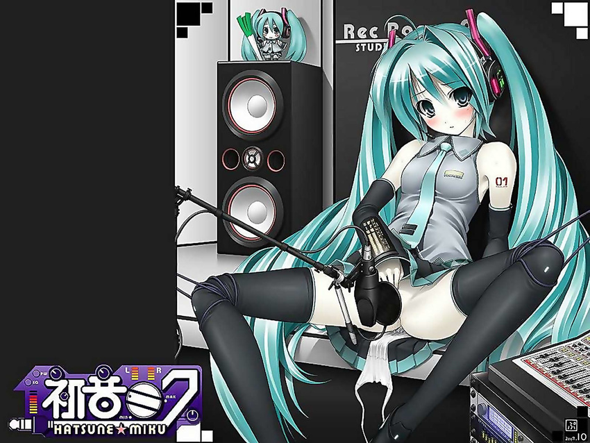 blush chibi detached_sleeves fingering hatsune_miku jpeg_artifacts knee_socks kupaa negi pantsu side-tie_panties speakers tagme twin_tails vocaloid